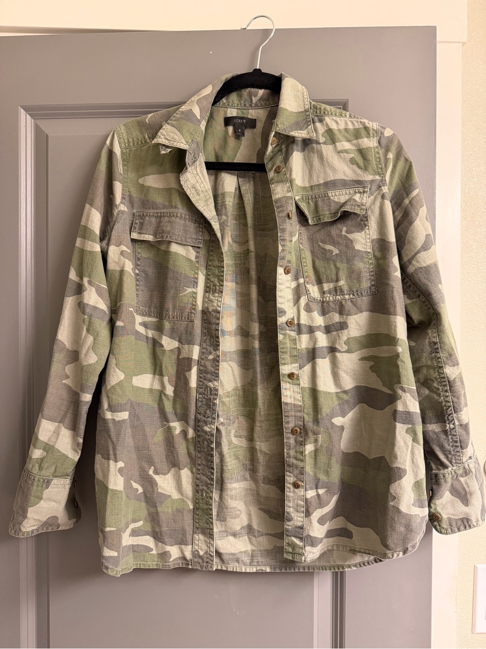 J. Crew Women's Camouflage Button-Down Shirt Jacket in Green & Gray